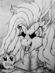 Size: 774x1032 | Tagged: safe, artist:corvostawr, fluttershy, apple, fangs, flutterbat, hungry, monochrome, scared, traditional art