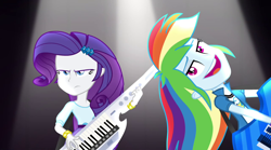 Size: 1280x714 | Tagged: safe, derpibooru import, screencap, rainbow dash, rarity, equestria girls, rainbow rocks, faic, funny face, guitar, keyboard, keytar, musical instrument, rarity is not amused, serious face, top cunt, trollface, u mad, unamused