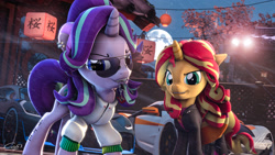 Size: 3840x2160 | Tagged: safe, artist:calveen, artist:imafutureguitarhero, starlight glimmer, sunset shimmer, pony, unicorn, collaboration, equestria girls, 3d, alternate hairstyle, aviator glasses, badass, bugatti, bugatti divo, car, chinese, chromatic aberration, clothes, digital art, dress, duo, duo female, ear piercing, earring, equestria girls ponified, female, fence, glasses, high res, hoodie, hypercar, jewelry, key, keychain, lens flare, looking at you, lykan hypersport, mare, moon, mouth hold, piercing, ponified, signature, snow, source filmmaker, tattoo, teeth, tree, windswept mane
