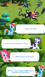 Size: 712x1220 | Tagged: safe, derpibooru import, pinkie pie, rainbow dash, rarity, earth pony, pegasus, pony, unicorn, black vine, clock, dialogue, everfree forest, gameloft