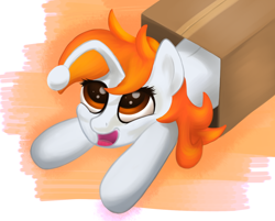 Size: 1408x1134 | Tagged: safe, artist:zapplebow, oc, oc only, oc:karma, pony, unicorn, box, female, lying down, mare, open mouth, pony in a box, reddit, solo, wide eyes