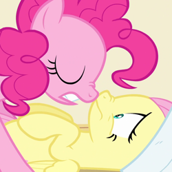 Size: 820x820 | Tagged: safe, screencap, fluttershy, pinkie pie, earth pony, pegasus, pony, filli vanilli, eyes closed, glomp, out of context, scared, shipping fuel