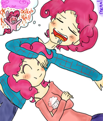 Size: 512x600 | Tagged: safe, artist:megaimpact, bubble berry, pinkie pie, human, bubblepie, chocolate rain, clothes, dream, drool, female, giggling, happy, humanized, male, relaxing, rule 63, self ponidox, selfcest, shipping, sleeping, straight