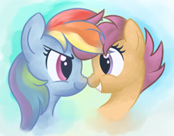 Size: 3200x2500 | Tagged: safe, artist:zapplebow, rainbow dash, scootaloo, pegasus, pony, boop, cute, cutealoo, duo, head only, nose wrinkle, noseboop, scootalove, scrunchy face