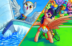 Size: 1920x1242 | Tagged: safe, artist:halem1991, derpy hooves, stellar eclipse, tennis match, pegasus, pony, audience, clothes, duo, female, mare, mouth hold, ocean, olympics, open mouth, paralympic games, paralympics, rio 2016, sailboat, sailing, tennis, tennis racket, wheelchair