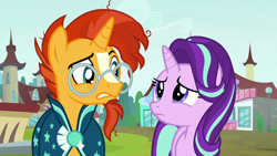 Size: 1280x720 | Tagged: safe, screencap, starlight glimmer, sunburst, pony, unicorn, the parent map, concerned, confused, duo, female, looking at each other, male, mare, sire's hollow, stallion