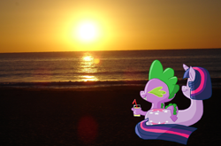 Size: 1706x1128 | Tagged: safe, artist:jazo123, derpibooru import, spike, twilight sparkle, dragon, beach, photo, sunset