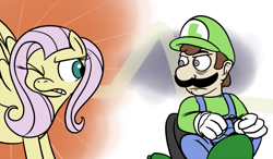 Size: 759x442 | Tagged: safe, artist:meepymaybelle, fluttershy, pegasus, pony, crossover, death stare, luigi, luigi's death stare, luigishy, mario kart, mario kart 8, meme, nintendo, super mario bros., the stare