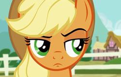 Size: 536x343 | Tagged: safe, screencap, applejack, earth pony, pony, three's a crowd, raised eyebrow, solo, unamused, unconvinced applejack