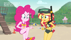 Size: 1920x1080 | Tagged: safe, screencap, pinkie pie, sunset shimmer, better together, equestria girls, unsolved selfie mysteries, belly button, bikini, clothes, diving goggles, duo, duo female, female, midriff, snorkel, swimsuit