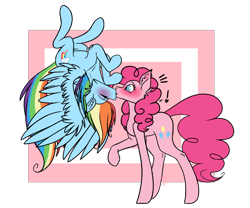 Size: 6000x5000 | Tagged: safe, artist:akirachan047, derpibooru import, pinkie pie, rainbow dash, earth pony, pegasus, pony, absurd resolution, blushing, eyes closed, female, flying, kissing, lesbian, mare, pinkiedash, raised hoof, shipping, simple background, surprise kiss, surprised, transparent background, upside down