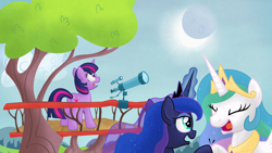 Size: 1920x1080 | Tagged: safe, artist:moemneop, princess celestia, princess luna, twilight sparkle, alicorn, pony, eclipse, telescope, trollestia, trolluna