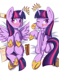 Size: 1200x1567 | Tagged: safe, artist:tikrs007, twilight sparkle, twilight sparkle (alicorn), alicorn, pony, blushing, body pillow, body pillow design, book, both cutie marks, female, licking, licking lips, mare, new crown, plot, princess shoes, scroll, solo, tongue out, twibutt