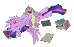 Size: 2647x1669 | Tagged: safe, artist:xonxt, derpibooru import, spike, twilight sparkle, twilight sparkle (alicorn), alicorn, dragon, pony, female, mare, sleeping