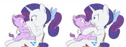 Size: 1601x600 | Tagged: safe, artist:carnifex, rarity, oc, oc:lavender, dracony, hybrid, pony, unicorn, alternate hairstyle, boop, chair, cute, grabbing, gritted teeth, gums, hair bow, hug, interspecies offspring, nose wrinkle, offspring, open mouth, parent:rarity, parent:spike, parents:sparity, ponytail, simple background, sitting, smiling, white background, wide eyes