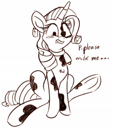 Size: 1932x2183 | Tagged: safe, artist:emberkaese, rarity, cow, cow pony, unicorn, begging, blushing, collar, ear tag, female, implied milking, monochrome, raricow, sitting, solo, species swap, underhoof