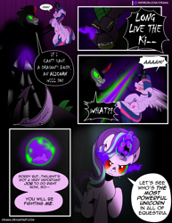 Size: 1275x1650 | Tagged: safe, artist:dsana, king sombra, spike, starlight glimmer, twilight sparkle, twilight sparkle (alicorn), alicorn, dragon, pony, unicorn, comic:the shadow shard, comic, dark magic, dialogue, female, magic, male, mare, possessed, sombra eyes, spikezilla, the lion king, this will end in death, this will end in tears and/or death