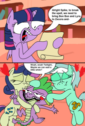 Size: 1024x1502 | Tagged: safe, artist:jazo123, derpibooru import, bon bon, lyra heartstrings, spike, sweetie drops, twilight sparkle, twilight sparkle (alicorn), alicorn, dragon, kissing, love potion