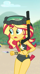 Size: 581x1079 | Tagged: safe, screencap, sunset shimmer, better together, equestria girls, unsolved selfie mysteries, adorasexy, belly button, bikini, clothes, cropped, curvy, cute, diving goggles, female, midriff, sexy, shimmerbetes, snorkel, solo, swimsuit