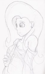 Size: 1291x2128 | Tagged: safe, artist:wryte, fluttershy, human, bare shoulder portrait, carrot, clothes, humanized, monochrome, off shoulder, solo, sweater, sweatershy, traditional art