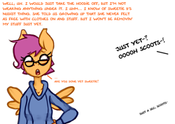 Size: 1280x907 | Tagged: safe, artist:somescrub, scootaloo, sweetie belle, anthro, ask nudist sweetie belle, glasses, solo, tumblr