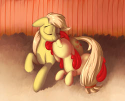 Size: 4000x3233 | Tagged: safe, artist:zapplebow, apple bloom, applejack, earth pony, pony, adorabloom, cute, eyes closed, floppy ears, nuzzling, prone, sisters, smiling