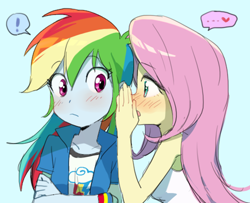 Size: 499x405 | Tagged: dead source, safe, artist:baekgup, derpibooru import, fluttershy, rainbow dash, equestria girls, blushing, clothes, confession, exclamation point, female, flutterdash, heart, lesbian, shipping, sleeveless, surprised, tanktop, whispering, wide eyes