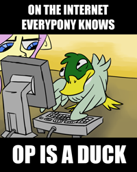 Size: 800x1000 | Tagged: safe, artist:rawrienstein, derpibooru exclusive, fluttershy, duck, mallard, pegasus, pony, computer, male, on the internet nobody knows you're a dog, op, op is a duck (reaction image), reaction image