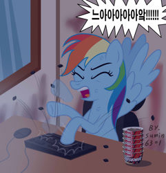 Size: 900x935 | Tagged: safe, artist:sumin6301, derpibooru import, rainbow dash, pegasus, pony, angry, computer, keyboard, keyboard mashing, korean, solo, typing