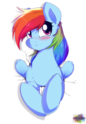 Size: 1024x1483 | Tagged: dead source, safe, artist:rainbowscreen, derpibooru import, rainbow dash, pegasus, pony, :t, blushing, cute, dashabetes, female, folded wings, fourth wall, mare, nose wrinkle, solo, stuck