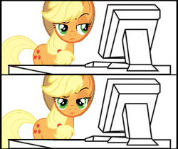 Size: 320x269 | Tagged: safe, applejack, earth pony, pony, three's a crowd, meme, reaction image, unconvinced applejack