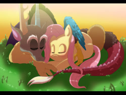 Size: 1024x768 | Tagged: safe, artist:blazemizu, discord, fluttershy, pegasus, pony, cuddling, cute, discoshy, eyes closed, female, hug, male, prone, shipping, sleeping, snuggling, straight, winghug