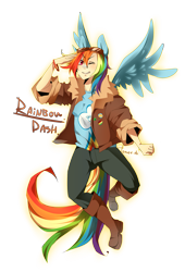 Size: 1647x2426 | Tagged: dead source, safe, artist:tomoe-chi, derpibooru import, rainbow dash, human, bomber jacket, eared humanization, goggles, humanized, one eye closed, solo, tailed humanization, winged humanization