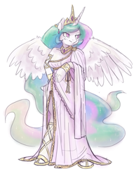 Size: 980x1280 | Tagged: safe, artist:king-kakapo, princess celestia, alicorn, anthro, unguligrade anthro, arm hooves, clothes, dress, female, mare, simple background, sketch, solo, white background