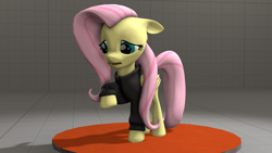 Size: 1920x1080 | Tagged: safe, artist:funsketch, fluttershy, pegasus, pony, 3d, clothes, cute, floppy ears, frown, hoodie, open mouth, ponies wearing black, raised hoof, sad, shy, solo, source filmmaker, stage