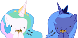 Size: 1600x795 | Tagged: safe, artist:lordcolgate15, princess celestia, princess luna, alicorn, pony, artifact, beady eyes, chibi, cookie, crown, jewelry, nom, regalia, s1 luna, simple background, transparent background