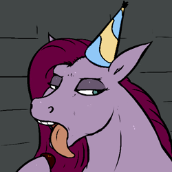 Size: 500x500 | Tagged: safe, artist:stoopedhooy, pinkie pie, earth pony, pony, party of one, bust, candy, chocolate, comfort eating, eating, food, hat, lowres, open mouth, party hat, pinkamena diane pie, portrait, tongue out