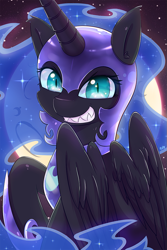 Size: 667x1000 | Tagged: safe, artist:tikrs007, nightmare moon, alicorn, pony, cute, fangs, female, helmet, looking at you, mare, smiling, solo