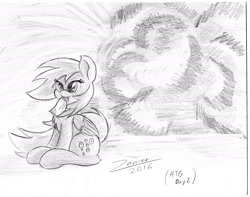 Size: 2140x1684 | Tagged: safe, artist:zemer, derpy hooves, pegasus, pony, cool guys don't look at explosions, explosion, female, mare, monochrome