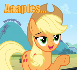 Size: 675x608 | Tagged: safe, edit, edited screencap, screencap, applejack, earth pony, pony, three's a crowd, apple, bedroom eyes, caption, chowder, image macro, ladies, open mouth, pointing, smiling, solo, that pony sure does love apples