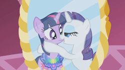 Size: 1280x720 | Tagged: safe, derpibooru import, screencap, rarity, twilight sparkle, pony, unicorn, the ticket master, lidded eyes, out of context, saddle, tack