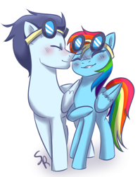 Size: 660x831 | Tagged: safe, artist:sisitowe, derpibooru import, rainbow dash, soarin', pegasus, pony, female, goggles, male, shipping, soarindash, straight