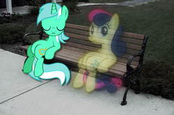 Size: 800x527 | Tagged: safe, artist:ryuuichi-shasame, artist:stinkehund, artist:tamalesyatole, artist:zomgmad, bon bon, lyra heartstrings, sweetie drops, ghost, ghost pony, bench, eyes closed, implied death, irl, park, photo, ponies in real life, sad, sidewalk, sitting, vector