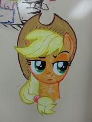 Size: 960x1280 | Tagged: safe, artist:keirish, applejack, earth pony, pony, disapproval, eyebrows, hat, solo, suspicious face, unconvinced applejack, whiteboard