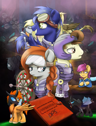 Size: 2040x2670 | Tagged: safe, artist:redheadfly, derpy hooves, pound cake, scootaloo, oc, oc:blazing sky, oc:lucky fly, changeling, griffon, pegasus, pony, comic:dps, armor, bubble, cover, female, goggles, helmet, mare, older