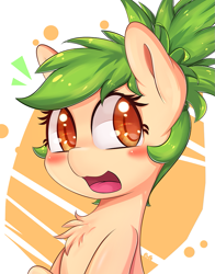 Size: 825x1050 | Tagged: safe, artist:tikrs007, oc, oc only, oc:green cracker, alternate hairstyle, blushing, bust, chest fluff, golden eyes, green mane, looking at you, open mouth, solo, yellow coat