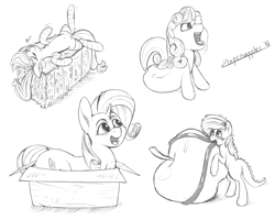 Size: 4989x4000 | Tagged: safe, artist:zapplebow, applejack, rarity, sweetie belle, monster pony, original species, pony, tatzlpony, absurd resolution, apple, box, clothes, food, marshmallow, monochrome, on back, pony in a box, sketch dump, socks, species swap, striped socks, tatzljack, tentacle tongue, tentacles