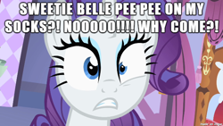 Size: 610x343 | Tagged: safe, edit, edited screencap, screencap, rarity, sweetie belle, pony, unicorn, background pony strikes again, caption, clothes, engrish, excessive exclamation marks, image macro, meme, shitposting, socks, wat