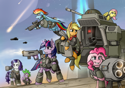 Size: 3504x2484 | Tagged: safe, artist:whitepone, derpibooru import, applejack, fluttershy, pinkie pie, rainbow dash, rarity, spike, twilight sparkle, dragon, earth pony, pegasus, pony, unicorn, backwards cutie mark, gun, mane seven, mane six, science fiction, war