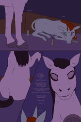 Size: 1920x2880 | Tagged: safe, artist:stoopedhooy, oc, oc only, oc:dwarf truffle, oc:shakes heartwood, classical unicorn, horse, pony, unicorn, cloven hooves, comic, dialogue, duo, leonine tail, lying, sitting, size difference, text, unshorn fetlocks